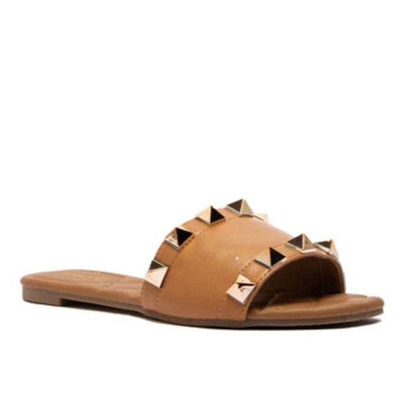 Shoes - Tan Studded Sandals Slides